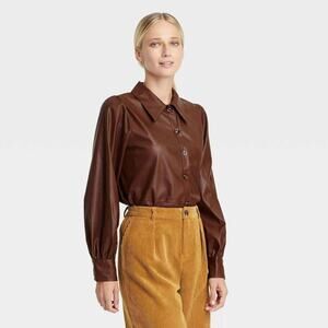 Who What Wear Faux Leather Long Sleeve Blouse Brown, Size Small NWT